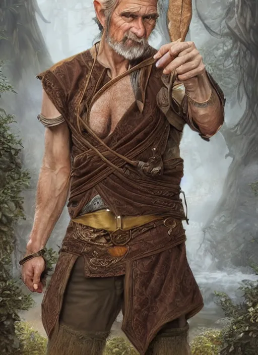 Image similar to a relaxed malehalf elf middle aged druid in a sleeveless west, brown short hair, strong, full body, 8 k, hyperrealistic,, hyperdetailed, fantasy portrait by laura sava