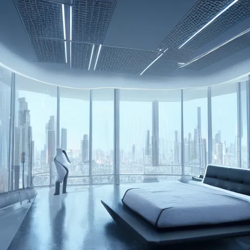 Image similar to a futuristic luxury white bedroom with ceiling high windows looking out to a cyberpunk cityscape, flying cars, night time, neon lights, cinematic 3d render, unreal engine 5, cgsociety