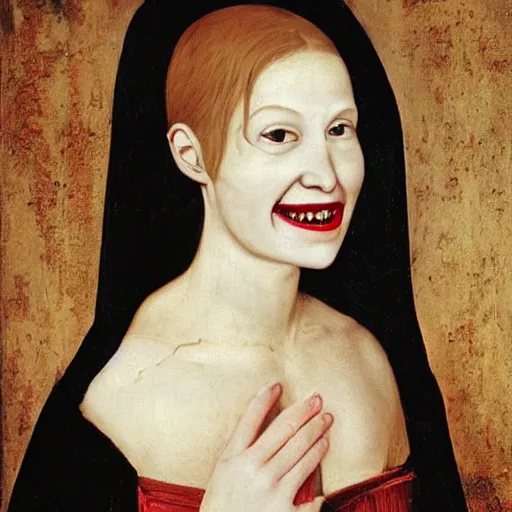 Image similar to extremely ugly pale vampire woman smiling with skin condition in expensive renaissance dress, Renaissance painting, Renaissance Port City background, vampire teeth, 1450