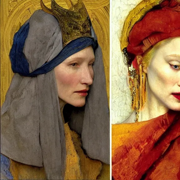 Prompt: cate blanchett by Annie Swynnerton and Nicholas Roerich and Vermeer, strong dramatic cinematic lighting , ornate headdress , lost civilizations, smooth, sharp focus, extremely detailed