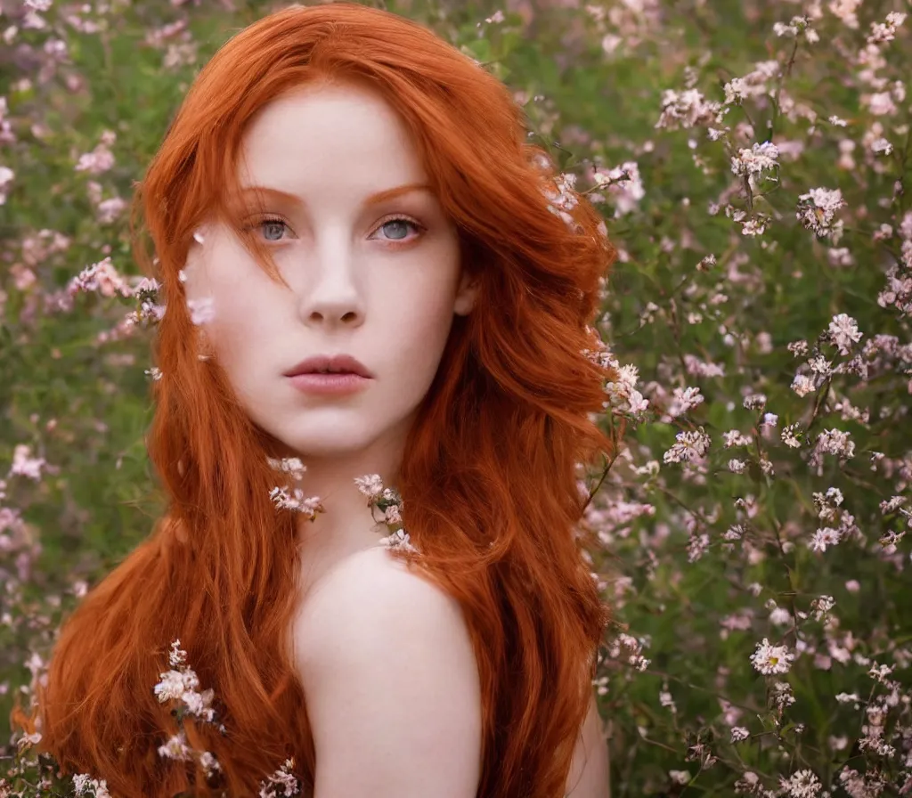 Prompt: Fine art photo of a beauty model, she is redhead, she is posing while maintain a sweet eye contact to the camera, she has a crown of flowers and she has flowers around her, the photo was taken at sunset; you can see a bokeh effect behind the model, the photo was taken by Annie Leibovitz, photorealistic, matte painting, hyper realistic, concept art, 4k, 8k, cinematic composition, cgsociety, HD, highly detailed, octane render, unreal engine 5, trending on artstation, shaders