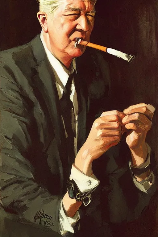 Prompt: david lynch smoking, painting by jc leyendecker!!, angular, brush strokes, painterly, vintage, crisp