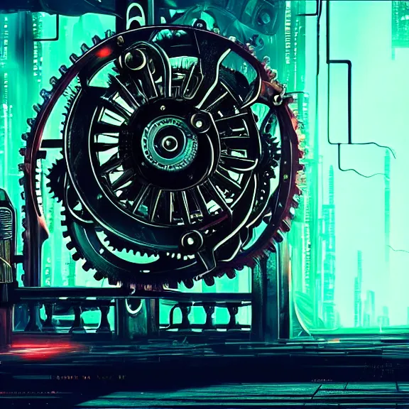 Image similar to Beautiful Photo of the Time Machine. Gear mechanism. Cyberpunk. splatterpunk. 4K. Grim future