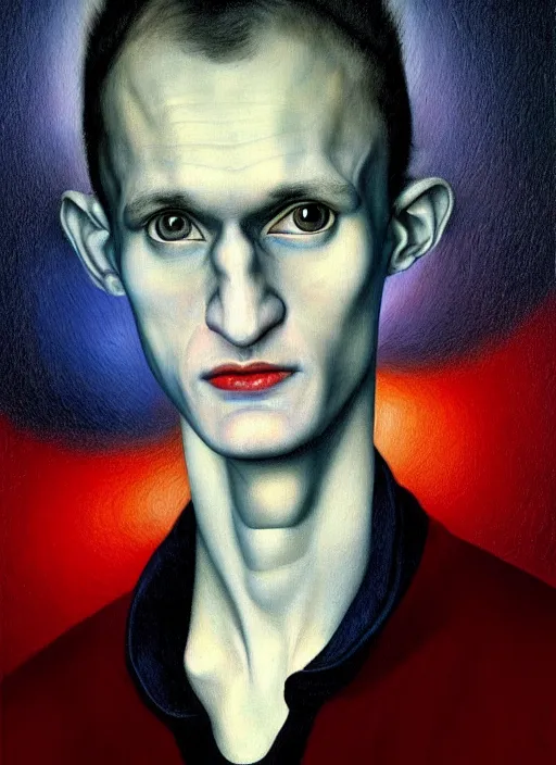 Image similar to vitalik buterin in the style of leonora carrington, gottfried helnwein, raqib shaw, chiaroscuro intricate composition, blue light by caravaggio, insanely quality, highly detailed, masterpiece, red light, artstation