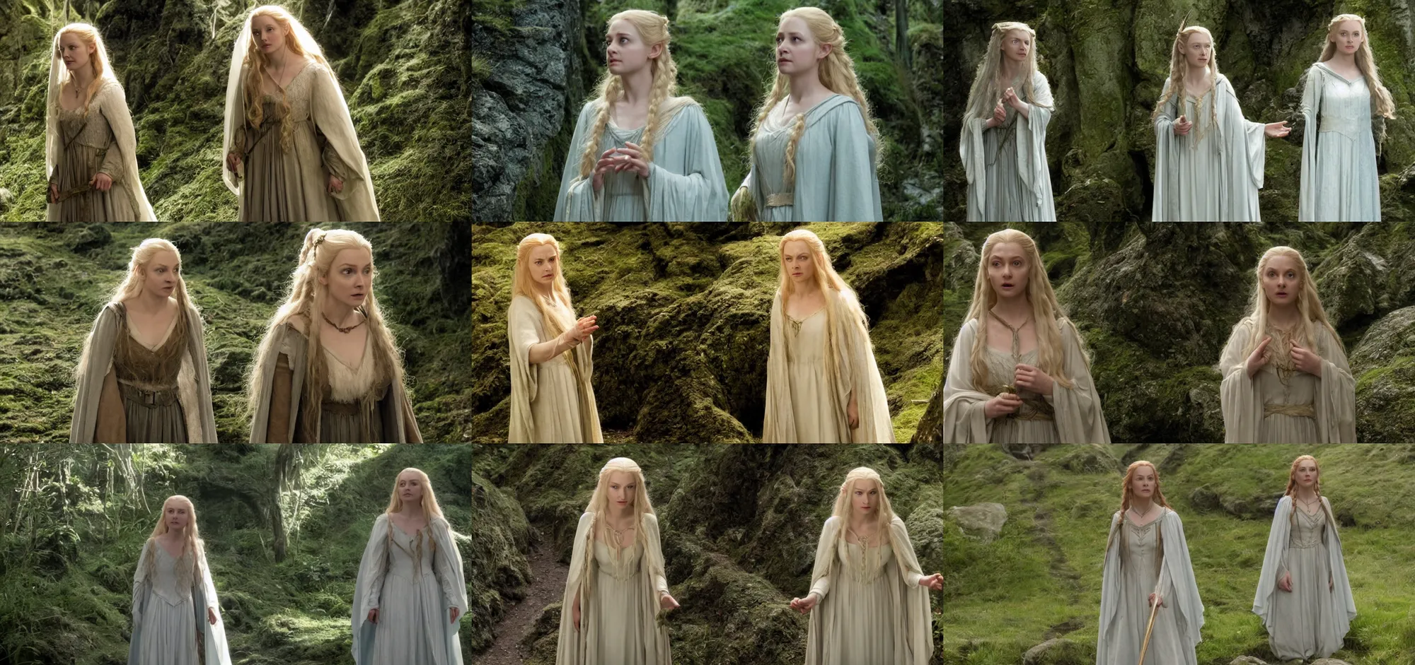 Prompt: a still of Rosalia as galadriel in The Hobbit (2012)