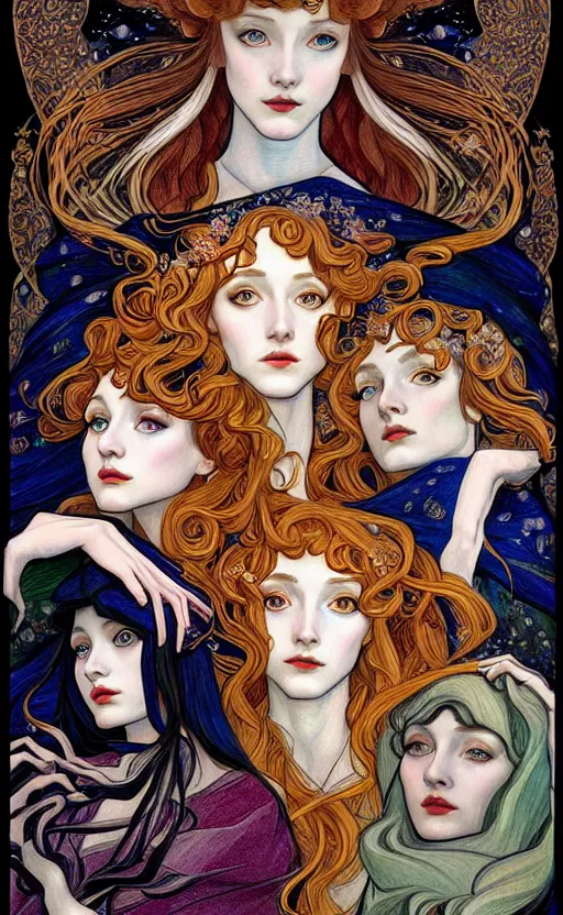 Image similar to 3 Figures as Winter Spirits, style is a blend of Ivan Bilibin, Botticelli, and John Singer Sargent, inspired by pre-raphaelite paintings, shoujo manga, and Slavic folk fairytale aesthetic, dark and moody colors, hyper detailed, super fine inking lines, 4K extremely photorealistic digital art