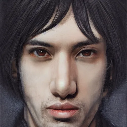 Image similar to portrait of a man by ayami kojima, he is about 3 0 years old, short black hair with bangs, his features are a mix between french, turkish and russian and he is wearing a beige and black utility jumpsuit, scifi, highly detailed portrait, digital painting, artstation, concept art, smooth, sharp foccus ilustration, artstation hq