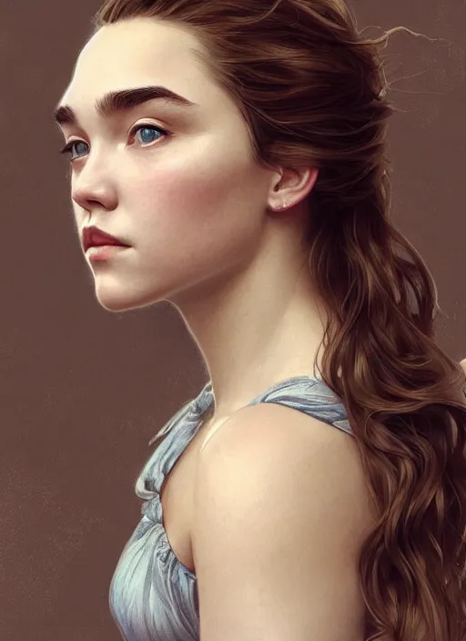 Prompt: beautiful head and shoulders portrait of florence pugh, casual clothing, intricate, elegant, highly detailed, digital painting, beautiful highly detailed face, artstation, concept art, smooth, sharp, focus, illustration, art by artgerm and greg rutkowski and alphonse mucha