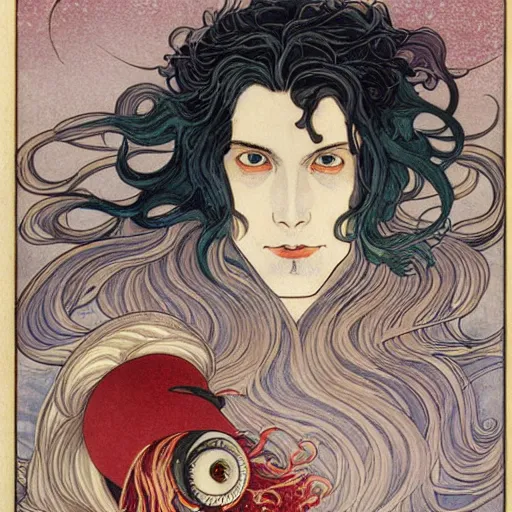 Image similar to detailed closeup of futuristic beautiful crazy old man scientist witch with robotic eyes and curly blue tinted hair and red merlin hat, in styke of Mucha, Yasunari Ikenaga, Yamato, Macross