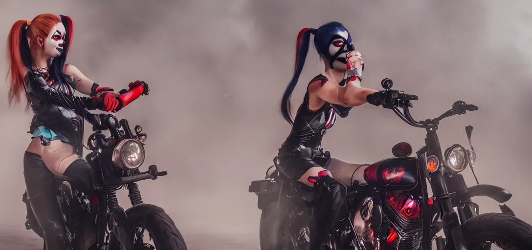 Image similar to real-life Harley Quinn riding a motorcycle holding a baseball bat, cinematic, Low angle, atmospheric fog and lighting