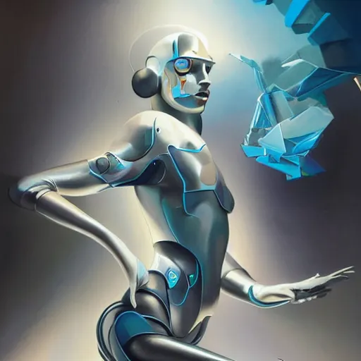 Prompt: scifi futurism automaton minimalism chrome by peter mohrbacher art Hajime Sorayama airbrush hyperrealism model abstract shatter fragments cubism futurism pastel blue soft