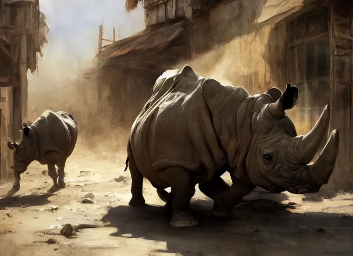 Image similar to oil painting of old rugged rhino in dusty wild west street, art by anders zorn, wonderful masterpiece by greg rutkowski, beautiful cinematic light, american romanticism by greg manchess, jessica rossier