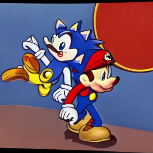 Image similar to 1940s disney film about super mario and sonic the hedgehog