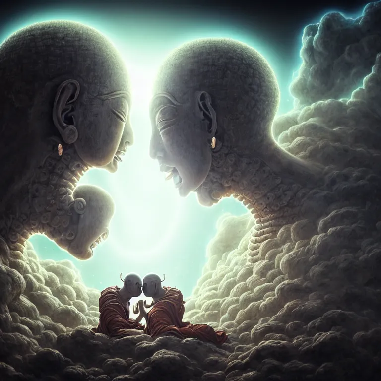 Image similar to portrait of two buddhist demons kissing each other in wastelands on white exoplanet at night, baroque portrait painting, beautiful intricate insanely detailed octane render, artstation, 8 k artistic harsh flash photography, photorealistic, volumetric perfect light, chiaroscuro, raphael, caravaggio, beksinski, rutkowski, giger