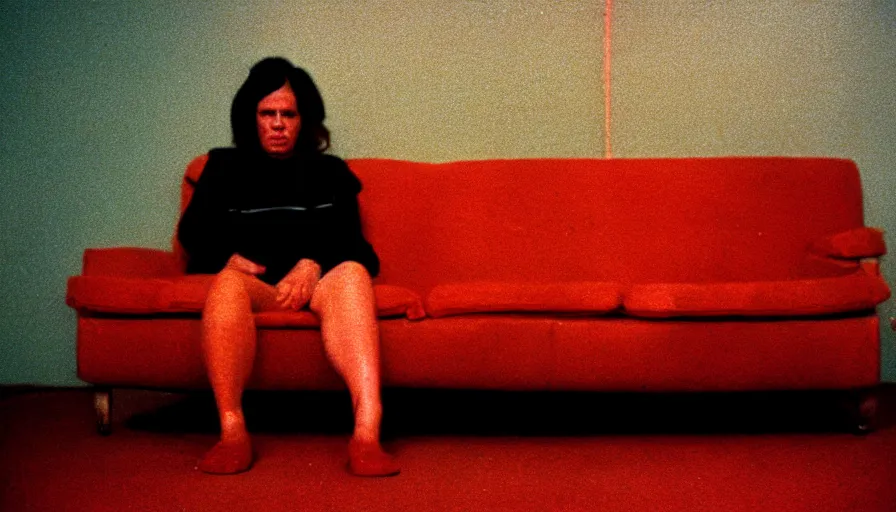 Image similar to 7 0 s film still from a horror movie about a person sitting on a burning couch, kodachrome, cinecolor, cinestill, film grain, film texture, retro, cinematic, high resolution, photorealism,