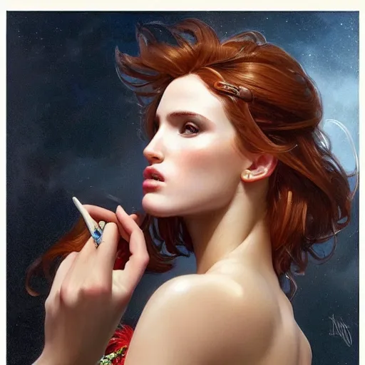 Image similar to ultra realistic illustration, bella thorne blowing a kiss, intricate, elegant, highly detailed, digital painting, artstation, concept art, smooth, sharp focus, illustration, art by artgerm and greg rutkowski and alphonse mucha