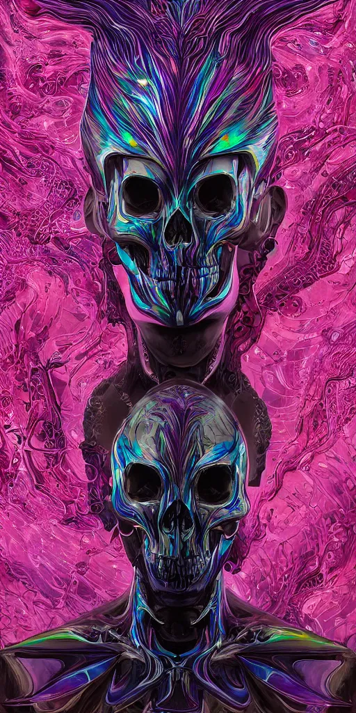 Prompt: symmetrical skull liquid surface form fused with human form fashion outfit concept design, rainbow iridescent accents, full body frontal view, Peter mohrbacher, zaha hadid, tsutomu nihei, emil melmoth, zdzislaw belsinki, Craig Mullins, yoji shinkawa, trending on artstation, beautifully lit, hyper detailed, insane details, intricate, elite, ornate, elegant, luxury, dramatic lighting, CGsociety, hypermaximalist, golden ratio, octane render, weta digital, micro details, ray trace, 8k,