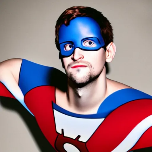 Prompt: UHD candid photo of Edward Snowden dressed as a superhero, wearing red white and blue, accurate face, UHD, photorealistic, correct face, photo by Annie Leibowitz