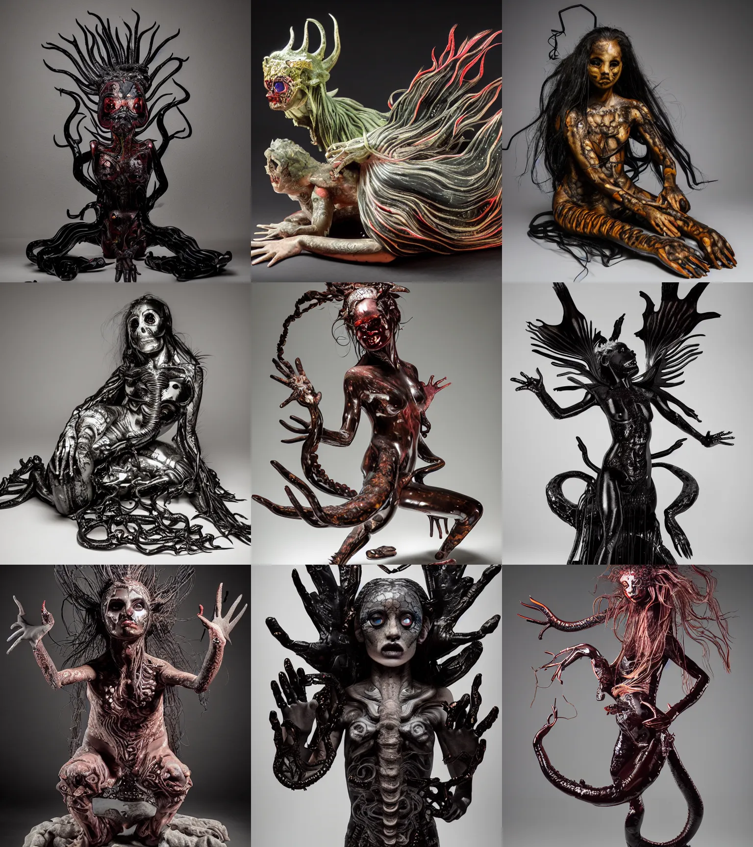 Prompt: cuaxolotl, the dual goddess of death and fertility, the fire goddess, a beautiful young indigenous mexican woman. shiny obsidian glass, intricate 8 k detail, techno artwork, nychos art aesthetic, vesalius anatomy, jordan matter photography, dark dance photography aesthetic, dance photography sofie dossi jordan matter, murano glass sculpture