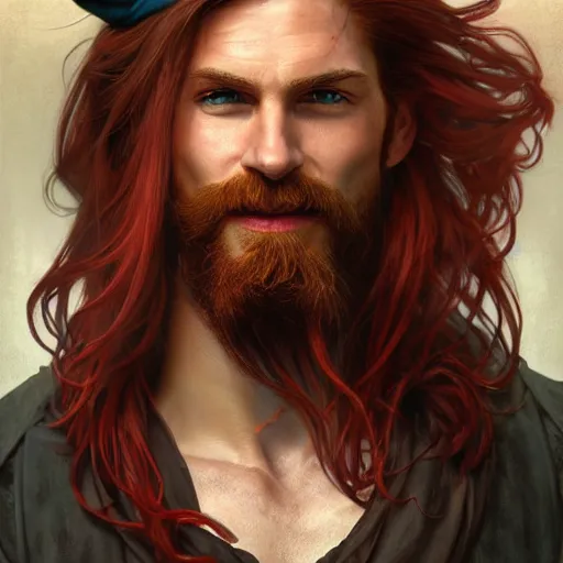 Image similar to portrait of a young ruggedly handsome but joyful pirate, male, masculine, upper body, red crimson hair, long long flowing hair, fantasy, smug smirk, intricate, elegant, highly detailed, digital painting, artstation, concept art, matte, sharp focus, illustration, art by artgerm and greg rutkowski and alphonse mucha