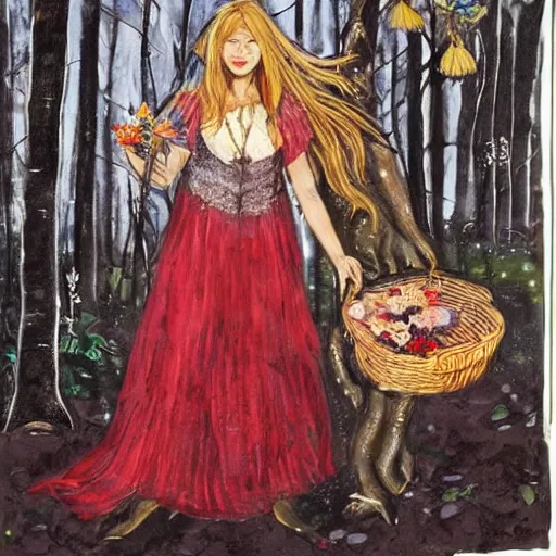 Image similar to In the art installation Vasilisa can be seen standing in the forest, surrounded by animals. She is holding a basket of flowers in one hand and a spindle in the other. Her face is turned towards the viewer, with a gentle expression. In the background, the forest is depicted as a dark and mysterious place. red by Richard Burlet, by Siya Oum decorative