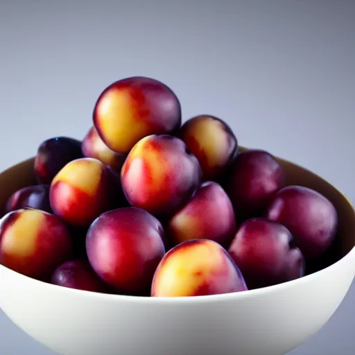 Prompt: a porcelain bowl filled with six large moist freshly picked plums. volumetric lighting. 4 k. small scale.