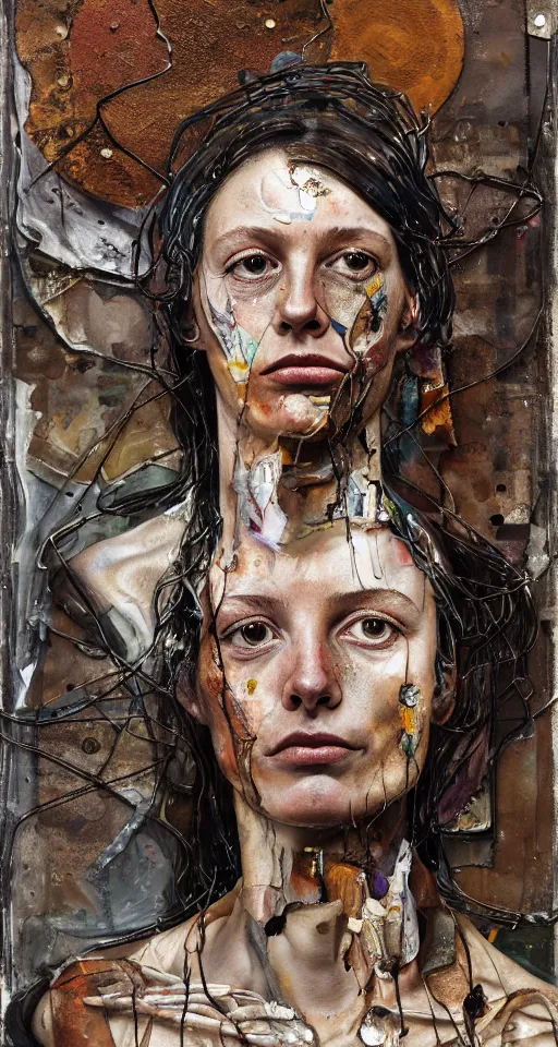 Image similar to a full length portrait of a very ordinary young woman with a sad expression, Anselm Kiefer and Lucian Freud and Jenny Saville, oil painting, rust, Scaffolding, rusted metal and sunflowers, iron cladding, decay, mixed media, textured, anatomically correct, beautiful perfect face, visible brushstrokes, sharp focus, twisted wire, Highly Detailed, photographic emulsion cracked and peeling, Cinematic Lighting, 8k, HD