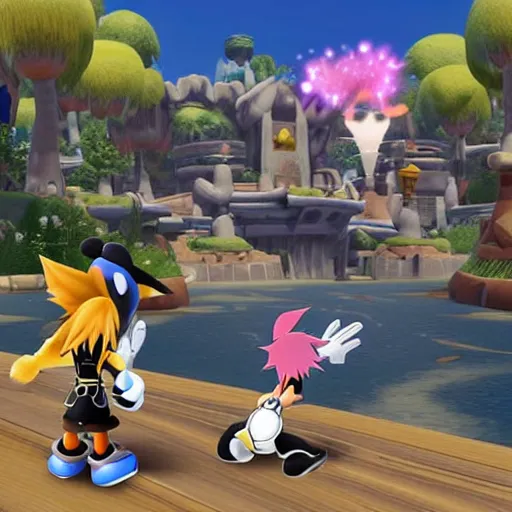 Prompt: A leaked image of a Warrior cats world in Kingdom Hearts 4, Kingdom hearts worlds, Sora donald and Goofy exploring the world of Warrior cats, action rpg Video game, Sora wielding a keyblade, Sora as a cat, cartoony shaders, rtx on, Erin hunter, Warrior cats book series