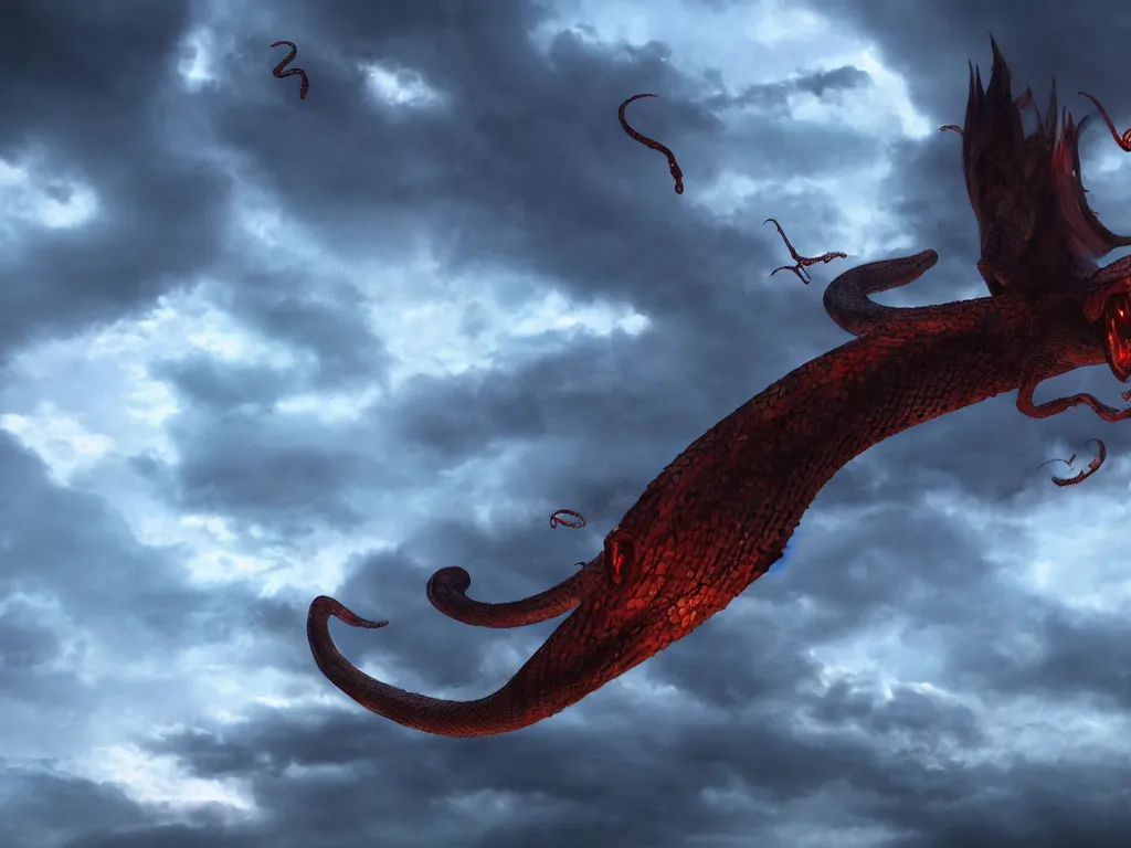 Prompt: awful demonic serpent flying in cinematic lighting sky