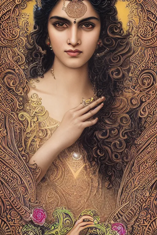 Image similar to a stunning ultradetailed illustration of an indian woman with epic wavy hair surrounded by paisleys and art nouveau floral patterns, by vania zouravilov and tom bagshaw, deep depth of field, catchlight in the eyes, studio lighting, golden ratio composition, 3 5 mm lens, very detailed, 8 k, artstation