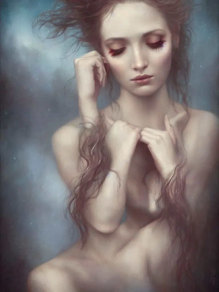 Prompt: a sad, beautiful woman painted by tom bagshaw