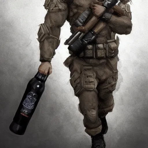 Image similar to a humanoid german shepherd beast - man in military style, holding a bottle of beer, artstation, concept art, smooth, sharp foccus ilustration, artstation