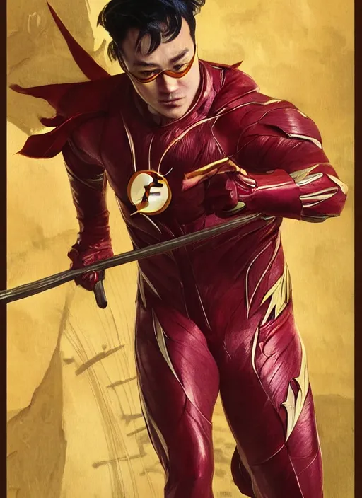 Prompt: Joji as the Flash samurai in Justice League, luxurious suit, posing, sigma male, portrait art by alphonse mucha and greg rutkowski, highly detailed, digital painting, concept art, illustration, dim lighting with twilight rays of sunlight, trending on artstation, very detailed, smooth, sharp focus, octane render, close up, masterpiece