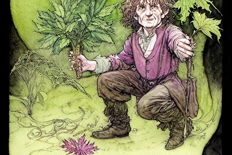 Prompt: a realistic and atmospheric watercolour fantasy character concept art portrait of bilbo baggins with pink eyes freaking out with a pot leaf nearby, by rebecca guay, michael kaluta, charles vess and jean moebius giraud