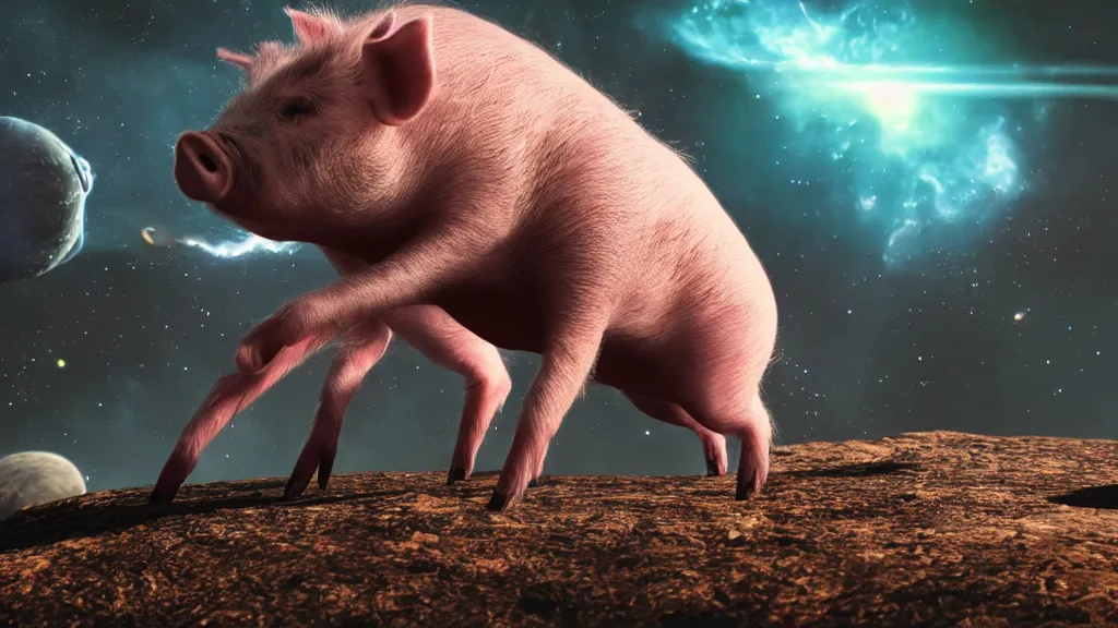 Prompt: pig spider hybrid on a planet. close bottom view. whole body. nebula background. cinematic composition. cinematic lightning. ultra realistic. 8 k. highly detailled. deep space. ultra realistic details. cinematic atmosphere. studio lighting. shadows. dark background.