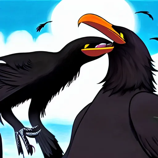 Image similar to a giant black crow screaming at a guy with long white hair, anime, pixiv