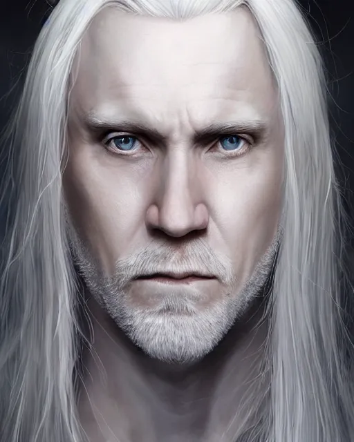 Image similar to portrait of 4 0 - year - old man with long white hair with a pale complexion, malfoy lucius, clear face, pointed face and grey eyes, hyper realistic face, beautiful eyes, character art, art by mark brooks, hyperdetailed, cryengine, trending on artstation, digital art