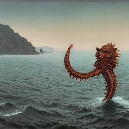 Image similar to sea monster, fantasy monster from the sea, painting, Zdzisław Beksiński , Ruan Jia, Rudolf Béres, James Zapata, Jamey 8k