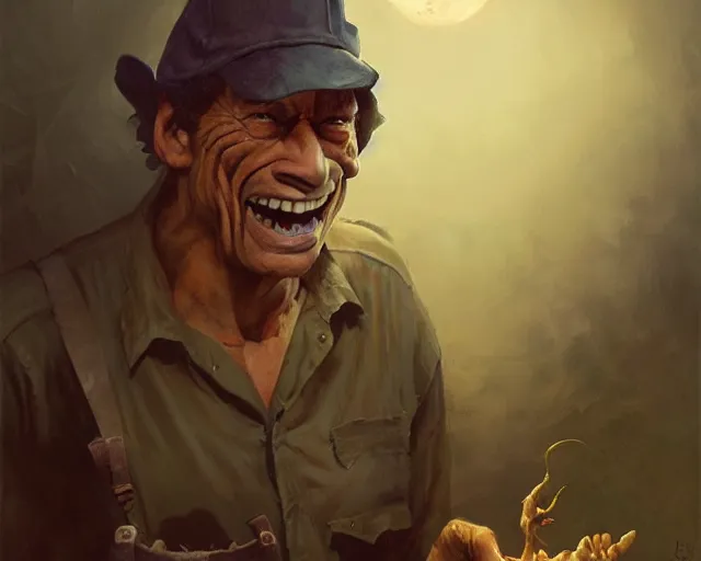 Image similar to jim varney as ernest p worrell, overalls, pushing a wheel barrow halloween night, by greg rutkowski and frank frazetta, intricate, artstation, cinematic, style of magic : the gathering