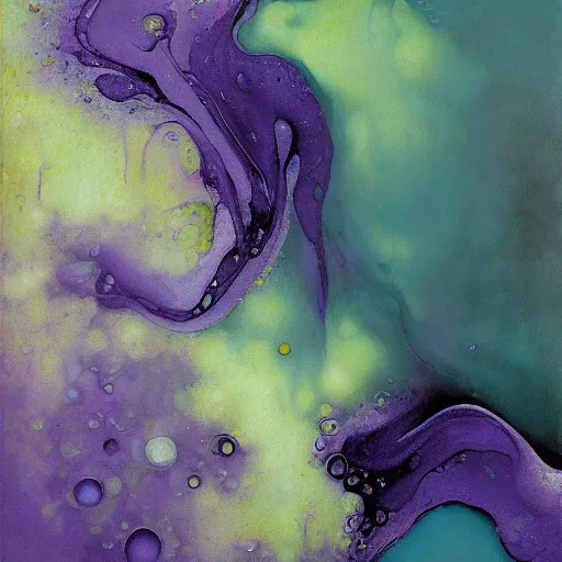 Image similar to beautiful liquid marble texture with big oil bubbles. harmonic chromatic tones coloured abstraction with purple splashes. ultradetailed realistic art. jean - dragan bibin, beksinski, zawadzki, shaun downey, zoey frank, phil hale, james gurney, frank frazetta, jehan georges vibert, daniel e. greene