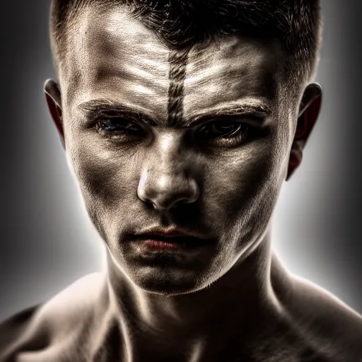 Prompt: portrait of a male warrior with split face ,fantasy, D&D, HDR, natural light, dynamic pose, award winning photograph, 8k, Mucha style,
