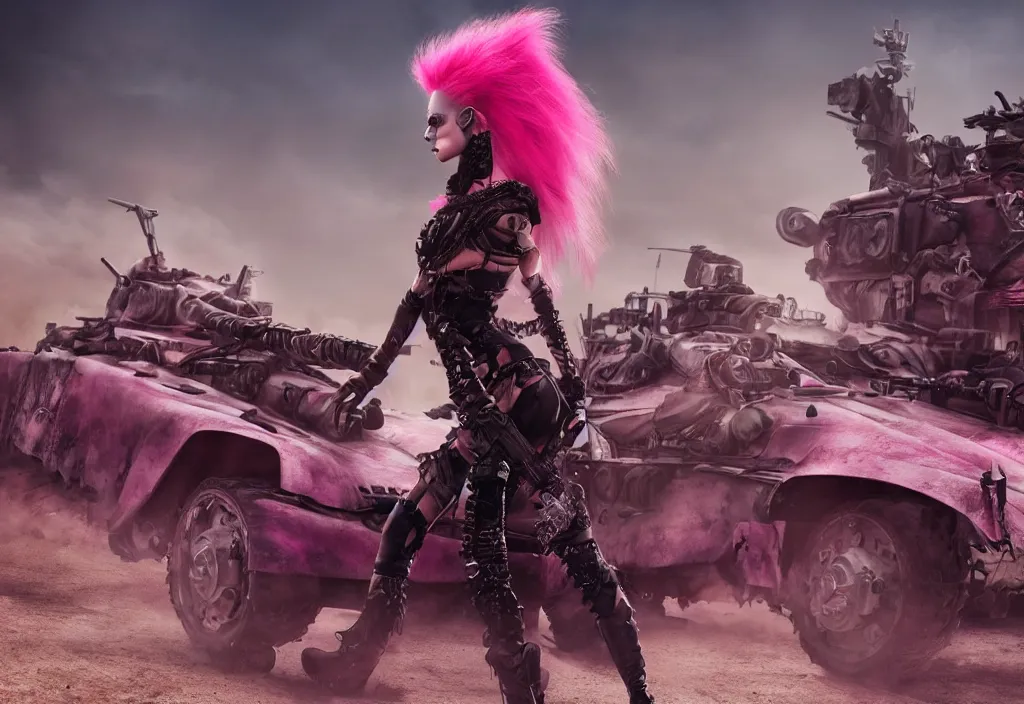 Prompt: beautiful evil apocalyptic woman with pink Mohawk, posing on mad max panzer tank, 4k ultra hd, fantasy dark art, artstation, octane render