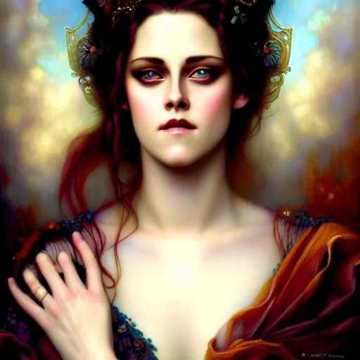 Image similar to portrait of kristen stewart by tom bagshaw in the style of gaston bussiere, art nouveau