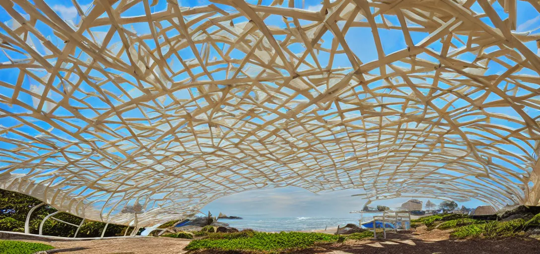 Prompt: curved roof planes lift and descend creating shade and architectural expression, highly detailed, beach, marble, vivid color, high resolution photography, mist