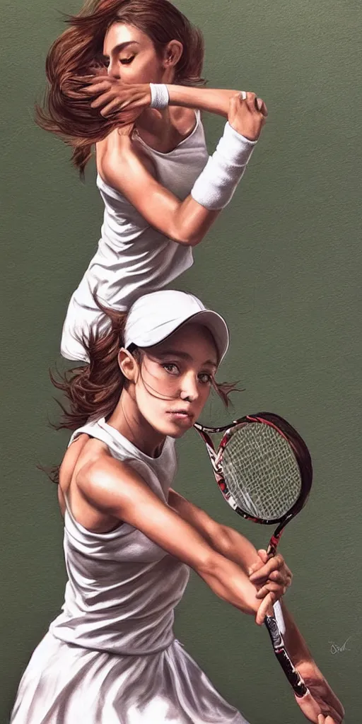 Image similar to a beautiful young elegant girl playing tennis, with a close-up of the upper body in the style of stefan kostic, realistic, sharp focus, 8k high definition, insanely detailed, intricate, elegant, art by stanley lau and artgerm