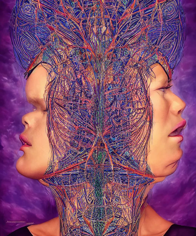 Image similar to A epic photo illustration of beautiful woman symmetrical portrait by Michael Sydney Moore, Alex Grey, hyper detailed, 50mm, award winning photography