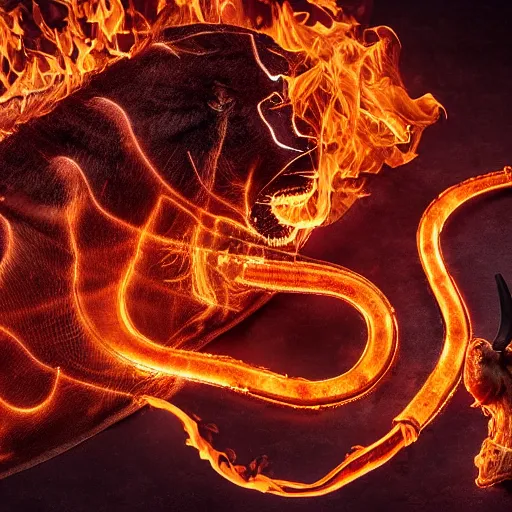 Prompt: a ram horns with a lion's mane on fire snake body 4k