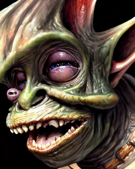 Image similar to closeup profile face portrait of a medieval goblin eating cakes in the cathedral, beautiful face, hyper realistic, highly detailed, digital painting, artstation, illustration, concept art by hyung tae, frank frazetta, bosch, giger, digital paint, matte paint, washed colors, dark, gloomy, detailed and intricate environment