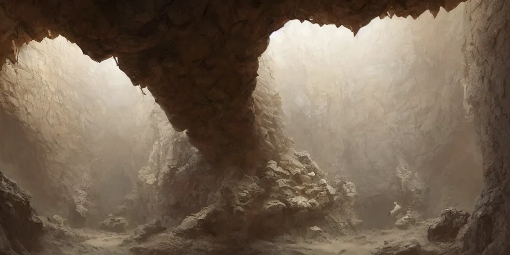 Prompt: painting of majestic curved wall in a cavern with rocky ground, minimal, art by greg rutkowski and beksinski, vivid colors