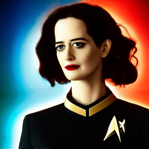Prompt: a full body portrait of 3 0 year old eva green as a star fleet officer from star trek next generation, ultra rendered, extreme realism and detail, 8 k, highly detailed, realistic, completely framed, hyper realistic, colorful, direct lighting, 3 5 mm photo, photorealistic, sharp focus